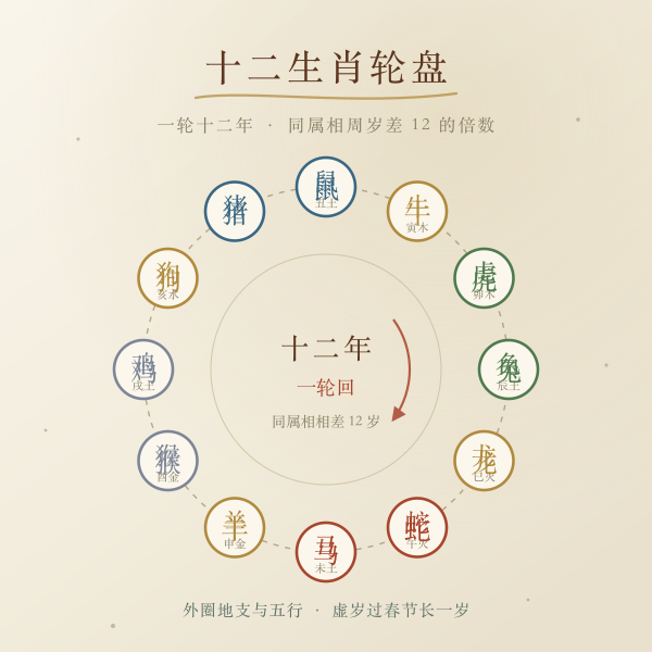 十二生肖轮盘与十二年一轮的属相年龄示意图